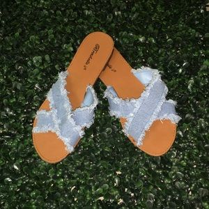 Flats with denim straps.